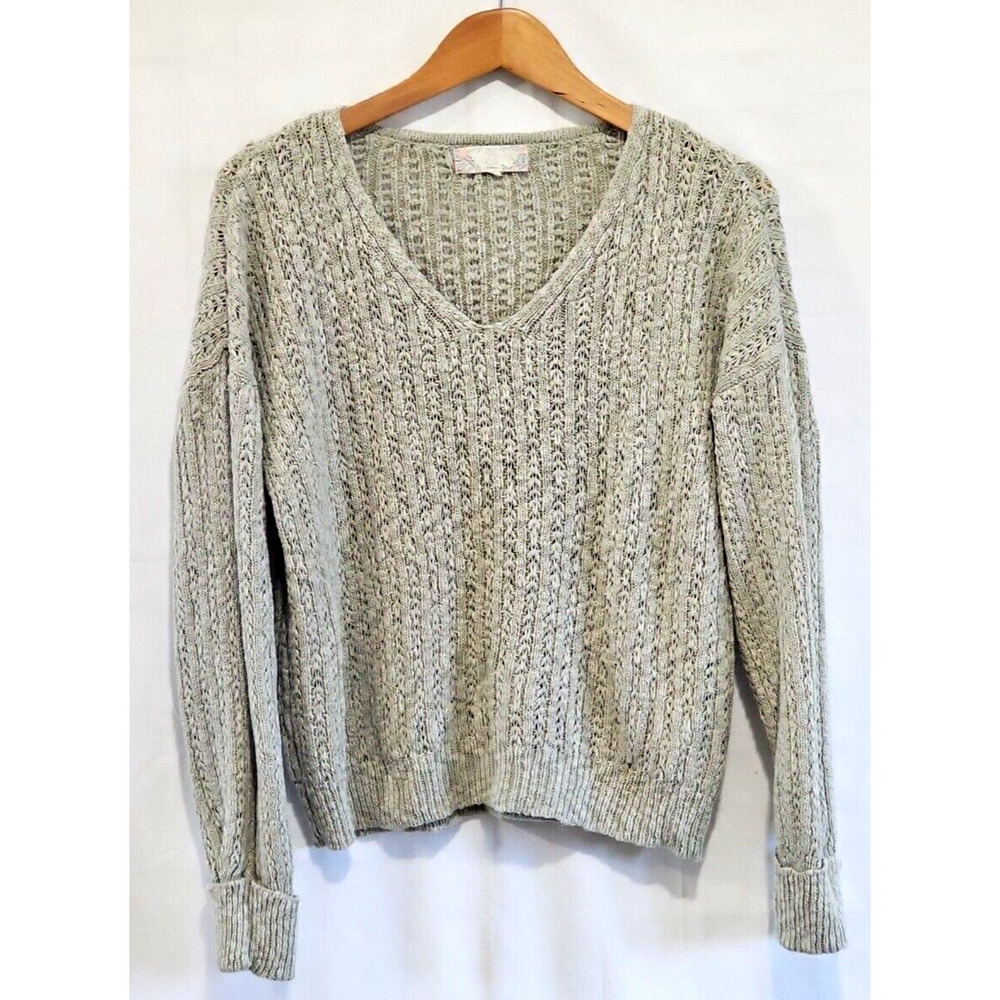 Pink Rose Cable Knit Sweater V-Neck Size Medium Grey Rolled Cuff Classic Preppy